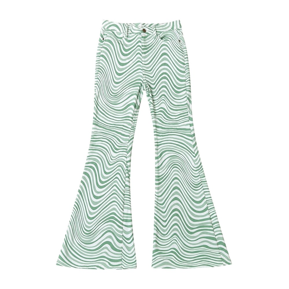 Machine Jeans Green White Swirl Flare Pants Psychedelic Bell Bottoms Retro Sz 3